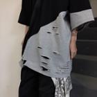 3/4-sleeve Color Block Ripped T-shirt