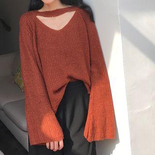 V-neck Bell-sleeve Shimmer Sweater