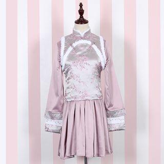 Furry Trim Embroidered Vest / Mandarin Collar Long-sleeve Dress