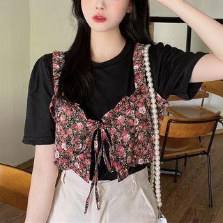 Short-sleeve T-shirt / Floral Print Ruffled Camisole Top