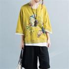 3/4-sleeve Printed Panel Top Yellow - One Size