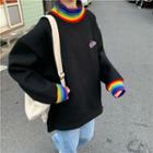 Stand-collar Rainbow Stripe Long-sleeve Pullover