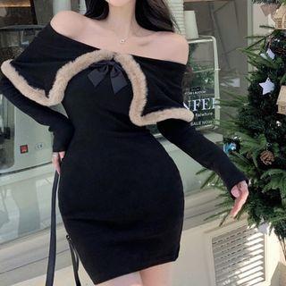 Long-sleeve Off-shoulder Fluffy Trim Knit Mini Sheath Dress
