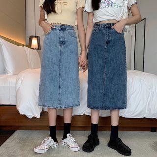 High Waist Plain Denim Midi Skirt