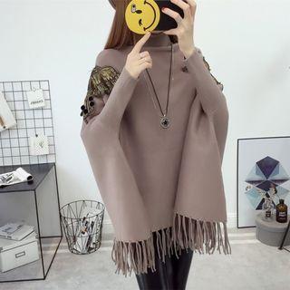 Embroidered Fringed Knit Cape
