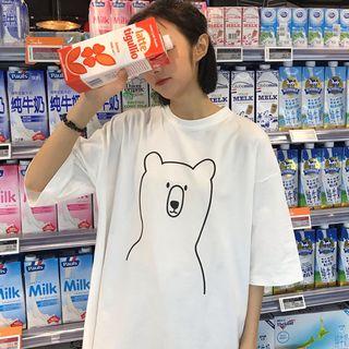 Bear Print Elbow-sleeve T-shirt White - One Size