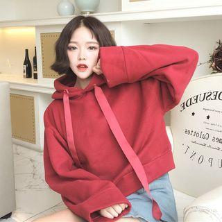 Plain Fleece-lined Loose-fit Hooded Pullover