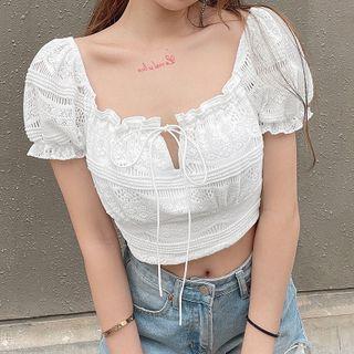 Short Sleeve Square-neck Pointelle Tie-front Crop Top