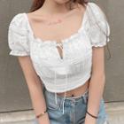 Short Sleeve Square-neck Pointelle Tie-front Crop Top