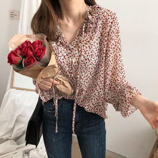 Long-sleeve Floral Blouse As Shown In Figure - One Size