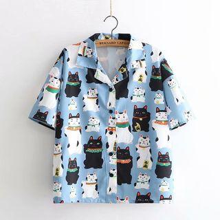Cat Printed Chiffon Shirt Blue - One Size