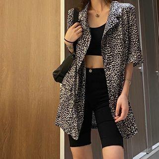 Elbow-sleeve Leopard Print Shirt Leopard - Black & White - One Size