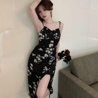 Spaghetti-strap Floral Slit Midi Sheath Dress Black - One Size