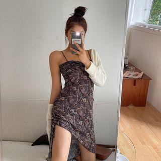 Spaghetti-strap Drawstring Paisley Dress