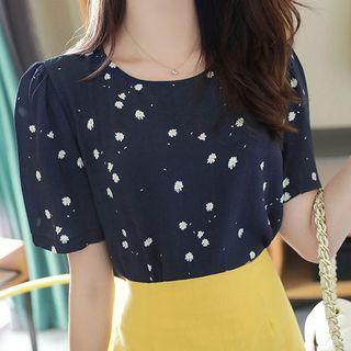 Shirred-shoulder Silky Floral Top