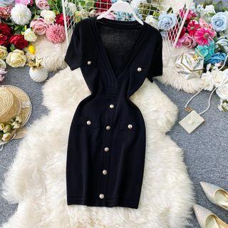 V-neck Button-detail Short-sleeve Knit Dress Black - One Size