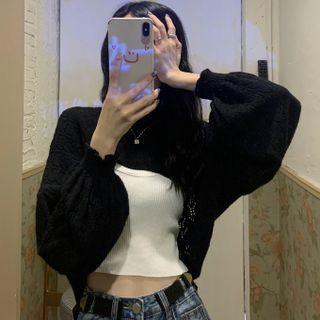 Plain Tank Top / Long-sleeve Perforated Knit Shrug