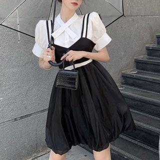 Set: Puff-sleeve Crisscross Blouse + Mini A-line Overall Dress