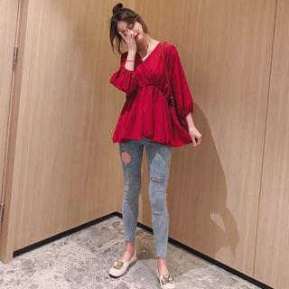 Lantern-sleeve V-neck Top Brown - M