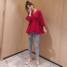 Lantern-sleeve V-neck Top Brown - M