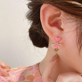 Heart Tulip Dangle Earring / Heart Tulip Pendant Faux Pearl Necklace / Heart Tulip Pendant Alloy Necklace