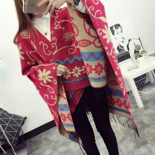 Floral Print Fringed Cape Jacket