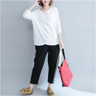 Set: Plain Long Sleeve T-shirt + Striped Sweatpants