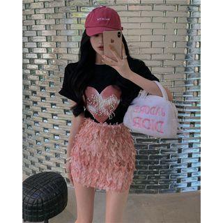 Beaded Heart Print T-shirt / Mini Pencil Skirt