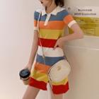 Short-sleeve Color Block Mini Knit Polo Dress As Shown In Figure - One Size