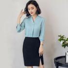 V-neck Blouse/ Slit-front Pencil Skirt/ Set