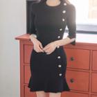 3/4-sleeve Ruffled Knit Dress
