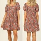 Puff-sleeve Floral Smock A-line Dress