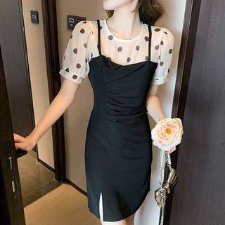 Mock Two-piece Short-sleeve Dotted Mini Sheath Dress