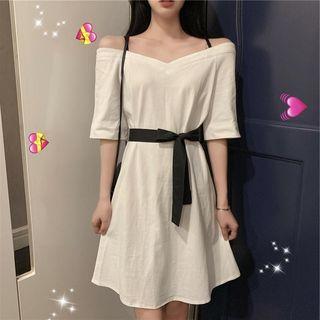 Off-shoulder Drawstring Waist Dress