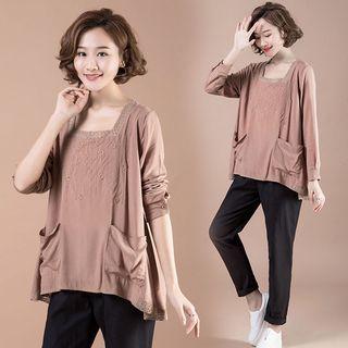 Long-sleeve Square-neck Embroidered Top