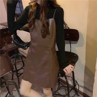 Plain Long-sleeve T-shirt / Faux Leather Spaghetti Strap Mini Dress