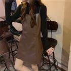 Plain Long-sleeve T-shirt / Faux Leather Spaghetti Strap Mini Dress
