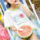 Watermelon Print Contrast-trim Short-sleeve Top