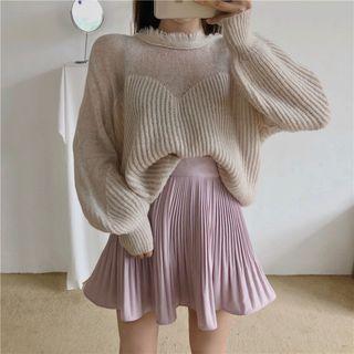 Plain Long-sleeve Loose-fit Sweater / Plain Pleated Skirt