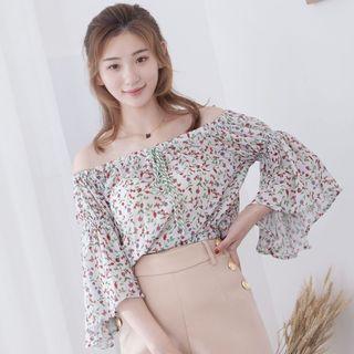 Off-shoulder Floral Chiffon Top White - One Size