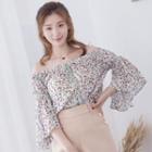 Off-shoulder Floral Chiffon Top White - One Size