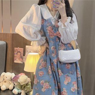 Flared-cuff Peter Pan-collar Shirt / Floral Midi Overall Dress