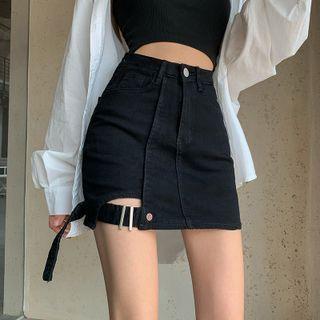 High Waist Cutout Denim Mini Pencil Skirt