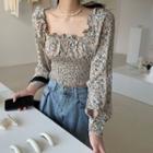 Floral Print Ruffled Cropped Blouse As Shown In Figure - One Size
