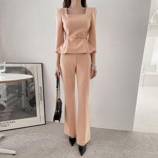 Set: Square-neck Peplum Blouse + Bootcut Pants