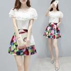 Set: Mesh Panel Short-sleeve Top + Floral Print A-line Skirt