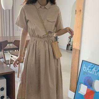 Lapel Pocket Short-sleeve Dress Almond - One Size