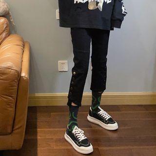 High-waist Single-breasted Straight Leg Cropped Jeans