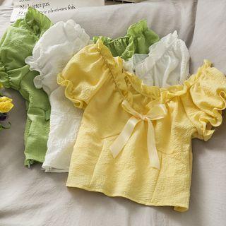 Embossed Off-shoulder Ruffled Crop T-shirt