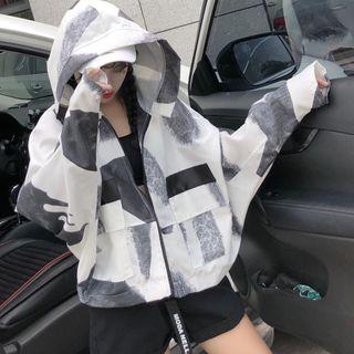 Batwing Sleeve Print Hooded Bomber Jacket As Shown In Figure - One Size